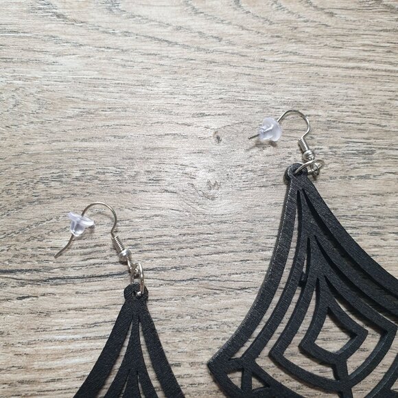 Women Black Wooden Drop Earrings Boho Bali Beach Core Laser Cut Dangle Gift - Picture 2 of 4